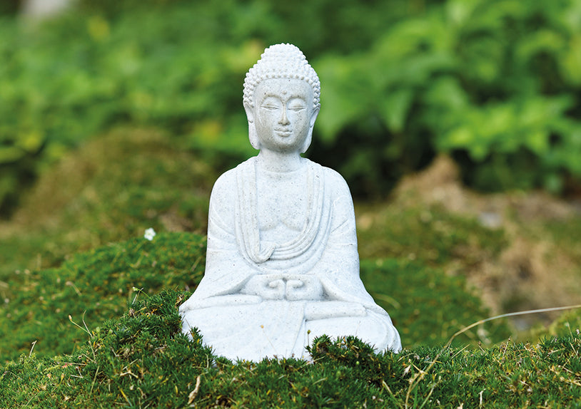 Buddha sitzend in Grau aus Poly, 13 cm