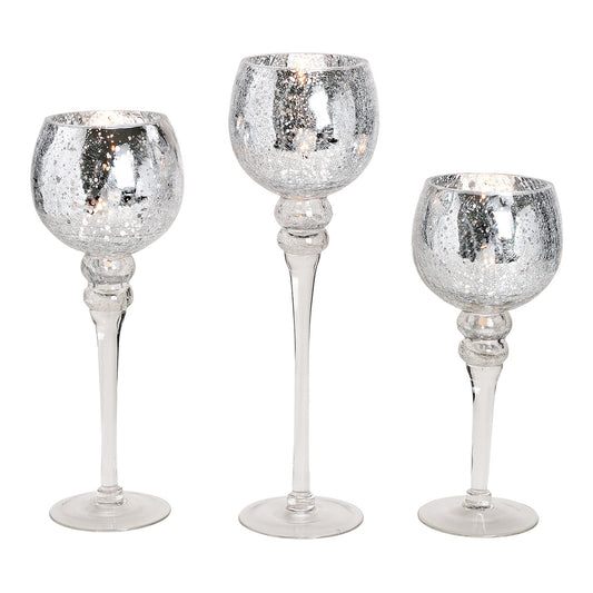 Windlicht-Set Kelch Cracking Silber 30, 35, 40cm x Ø13cm aus Glas 3er Set.