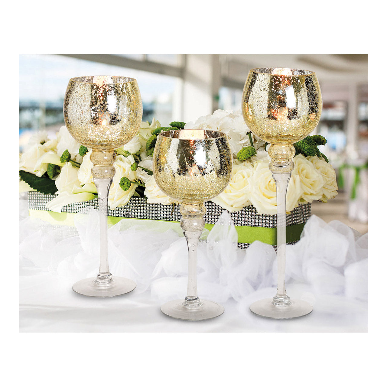 Windlicht Set Kelch Cracking Gold 30, 35, 40cm x Ø13cm aus Glas 3er Set