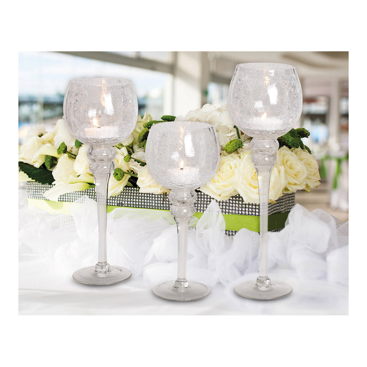 Windlicht Set Kelch Cracking klar 30, 35, 40cm x Ø13cm aus Glas 3er Set