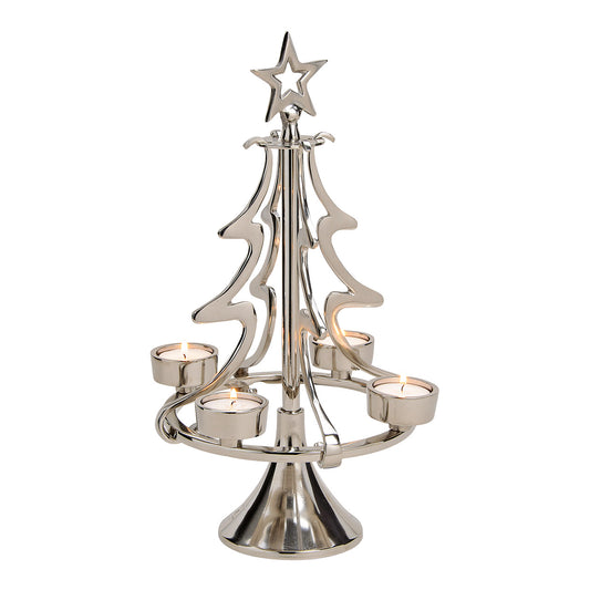 Teelichthalter, Adventsgesteck Weihnachtsbaum aus Metall für 4 Teelichter Silber (B/H/T) 20x40x20cm
