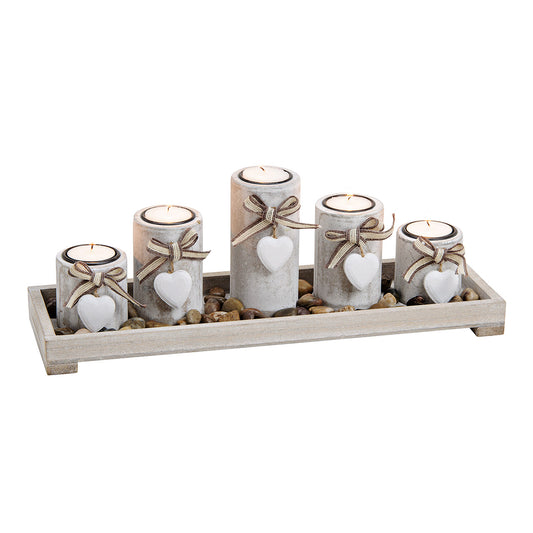Tealight holder set of 5 on tray with wooden stones White (W/H/D) 38x12x11cm