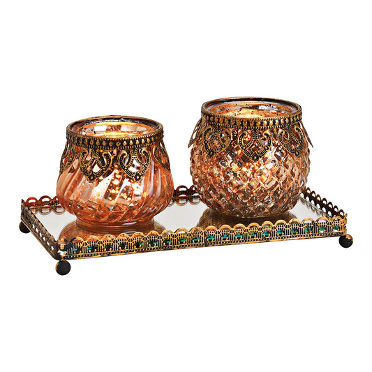 Windlichter Set auf Spiegeltablett mit Metallrand Champagner 3er Set, (B/H/T) 20x9x10cm