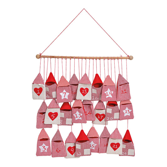 Advent calendar house made of fabric/wood, 24 bags (W/H) 9x15cm, Red/White (W/H/D) 52x54x2cm