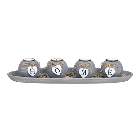 Tealight holder set of 4 on tray with stones HOME made of MDF Grey (W/H/D) 50x10x18cm