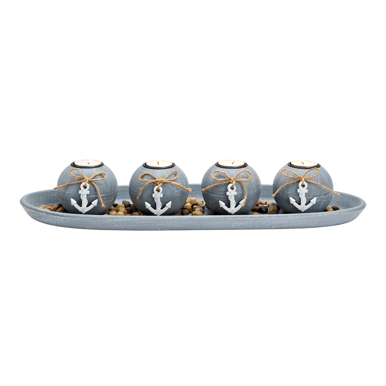 Tealight holder set of 4 on tray with stones HOME made of MDF Grey (W/H/D) 50x10x18cm