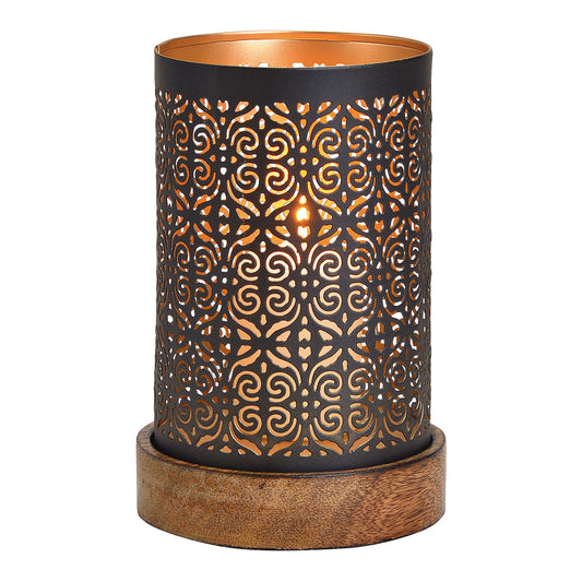 Windlicht auf Holzsockel aus Metall Schwarz (B/H/T) 10x18x10cm