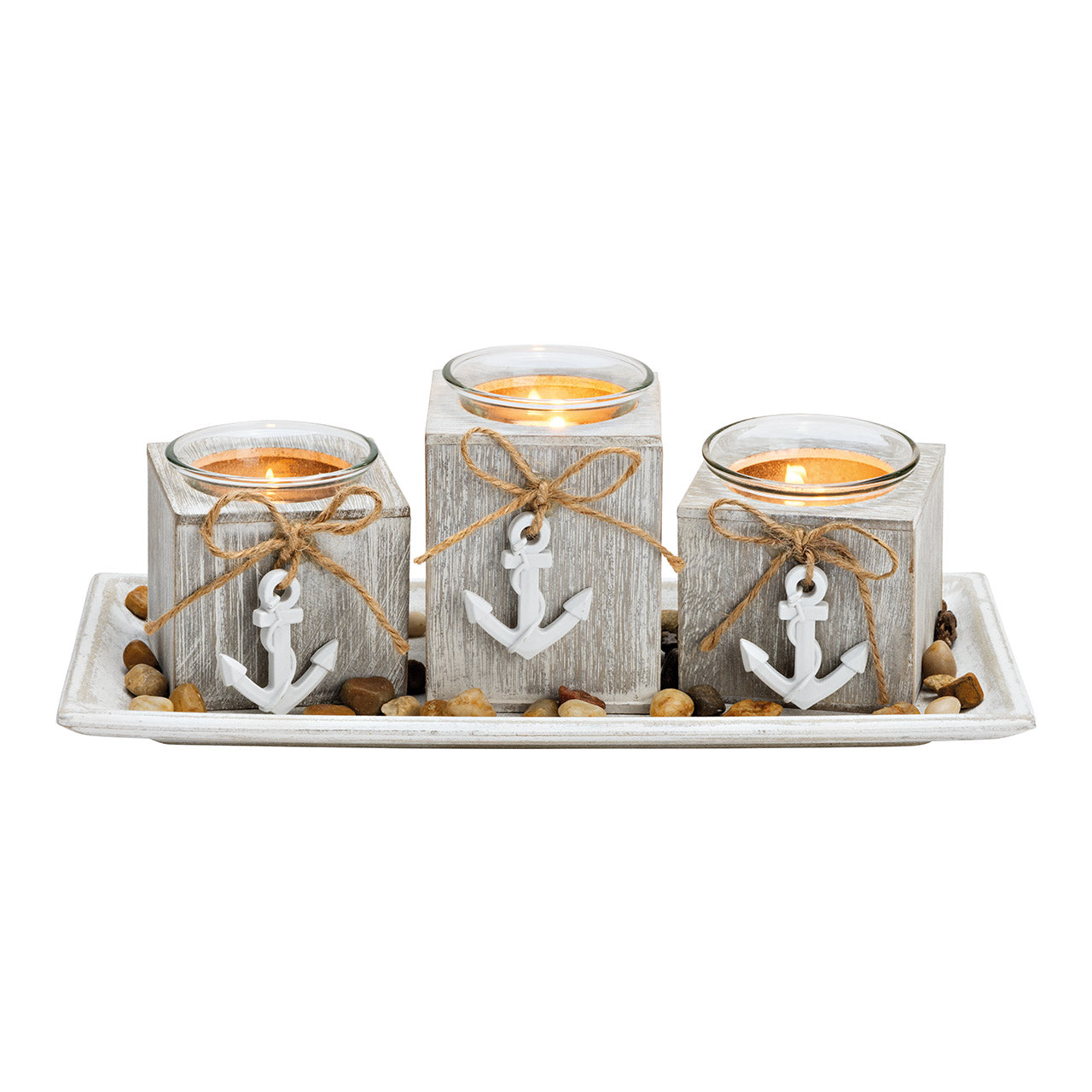 Teelichthalter 3er mit Herz Anhänger aus Kiefernholz, Glas Weiß 5er Set, (B/H/T) 28x13x11cm