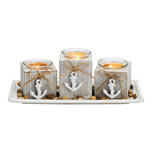 Teelichthalter 3er mit Herz Anhänger aus Kiefernholz, Glas Weiß 5er Set, (B/H/T) 28x13x11cm