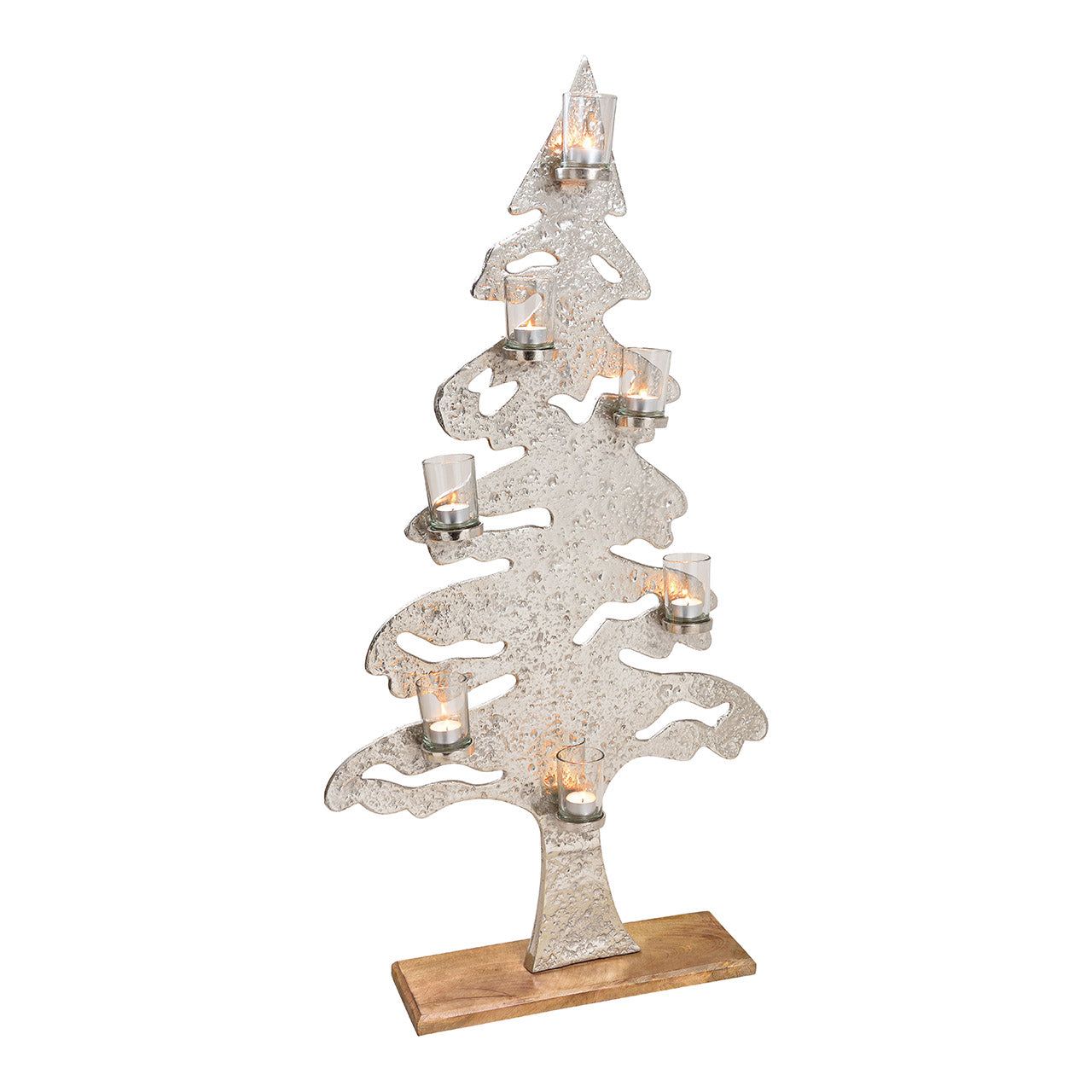 Tannenbaum mit 7 Glas Windlichtern aus Metall Silber (B/H/T) 59x113x15cm