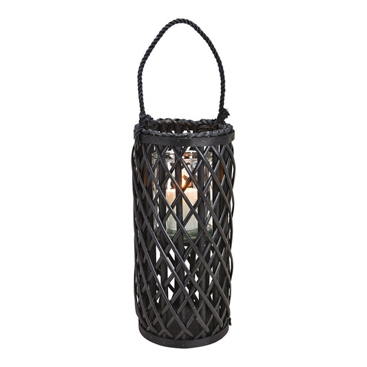 Laterne aus Weidengeflecht mit Windlicht aus Glas, hergestellt aus Naturmaterial in Schwarz (B/H/T) 18x40x18cm.