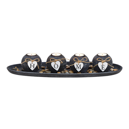 Tealight holder set of 4 on tray with stones HOME, made of MDF Black (W/H/D) 50x10x18cm