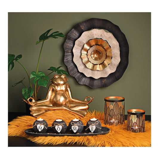 Tealight holder set of 4 on tray with stones HOME, made of MDF Black (W/H/D) 50x10x18cm
