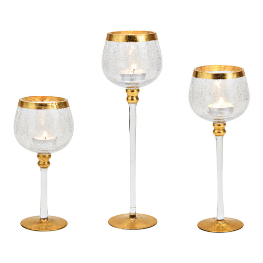 Windlicht-Set Kelch knacken aus Glas Transparent, Gold 3er Set, 20cm/25cm/30cm x Ø9cm