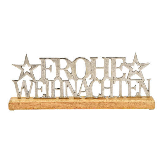 "Display Schriftzug, Frohe Weihnachten, auf Mangoholz Sockel, aus Metall Silber (B/H/T) 36x14x5cm"