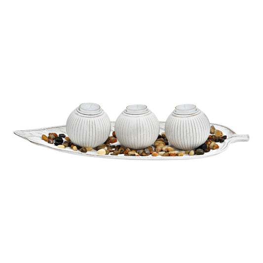 Tealight holder set of 3 on tray with wooden stones white (W/H/D) 45x10x18cm