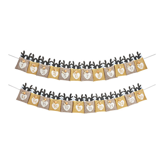 Adventskalender Hirschkopf aus Textil, 24 Säckchen (B/H) 10x16cm, Beige/Schwarz (B/H) 300x16cm
