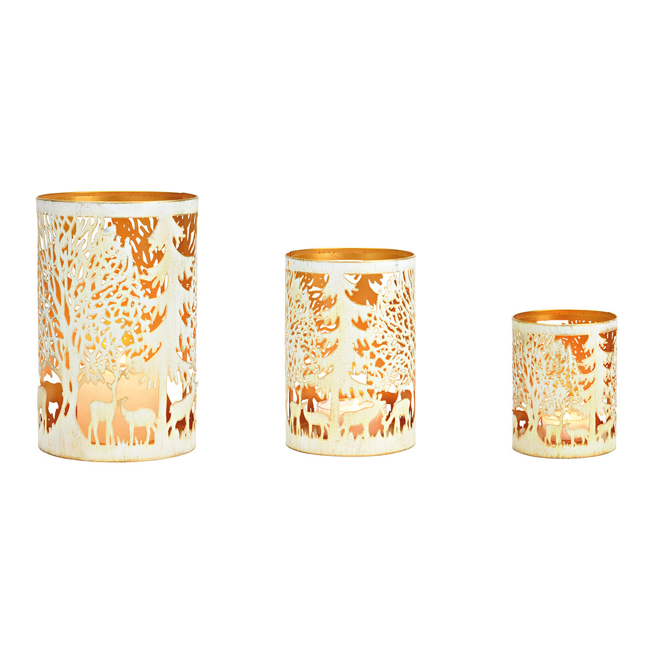 Windlicht, Winterszene 3-er Set, aus Metall Antik Finish weiß, gold (B/H/T) 8x10x8cm, 10x15x10cm, 13x20x13cm