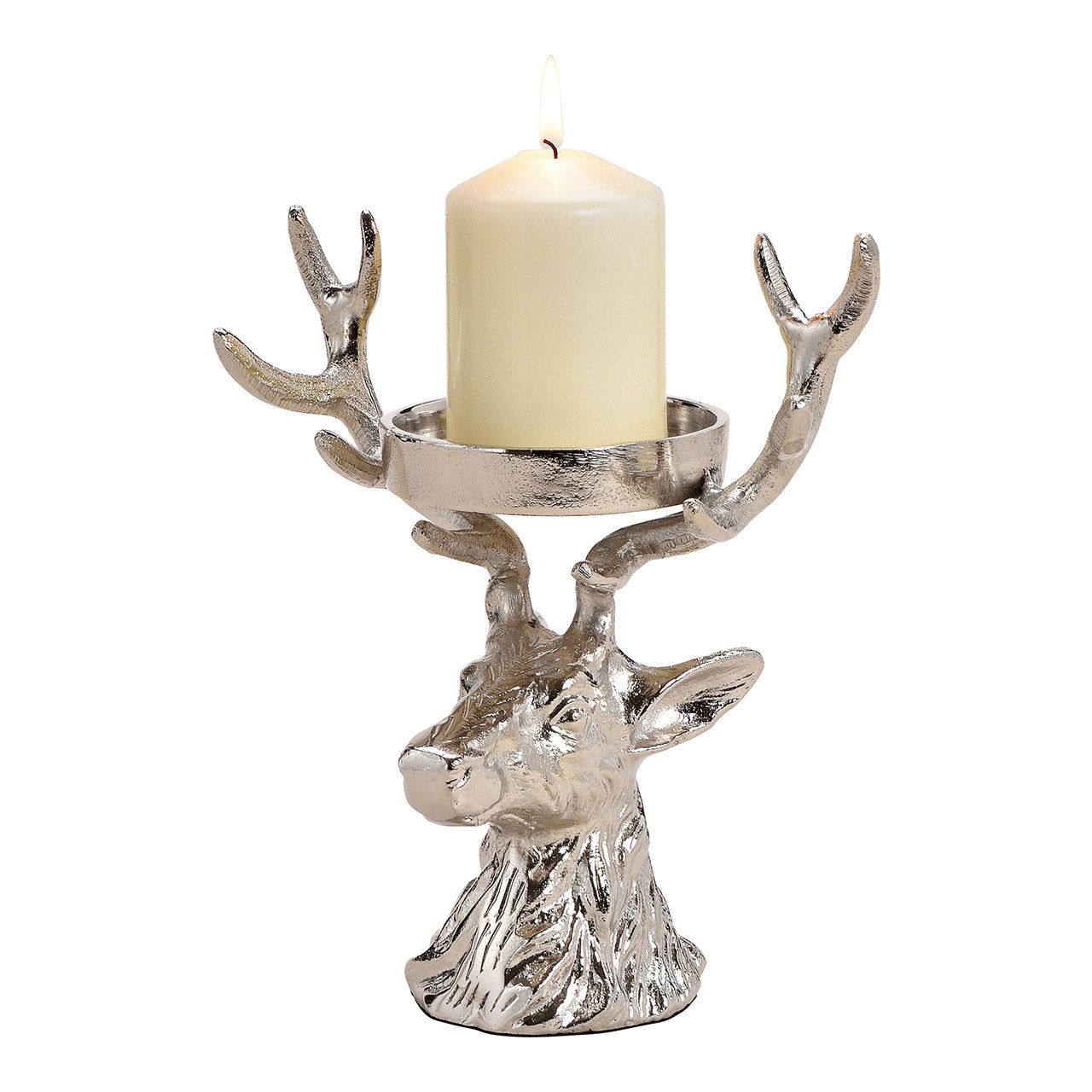 Kerzenhalter Hirschkopf aus Metall Silber (B/H/T) 19x20x12cm