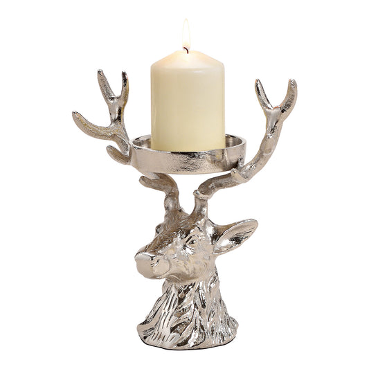 Kerzenhalter Hirschkopf aus Metall Silber (B/H/T) 19x20x12cm