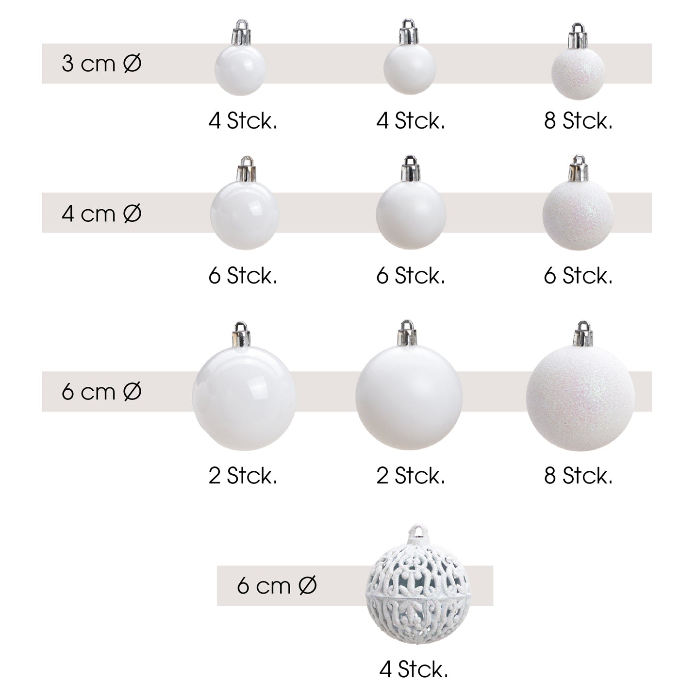 Weihnachtskugeln aus Kunststoff, 50er-Set, Weiß Ø3/4/6cm (B/H/T) 23x18x12cm