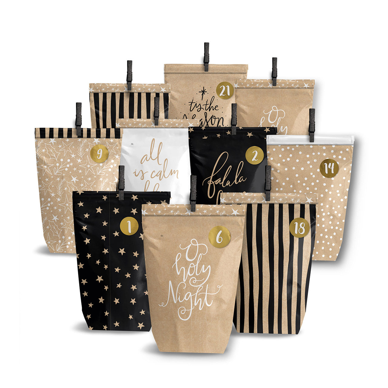 Adventskalender aus Packpapier/Karton, 24 bedruckte Tüten mit Klammern (B/H) 14x22cm, Braun/Schwarz, 72tlg