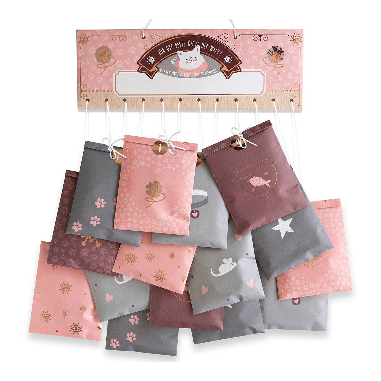 Adventskalender für Katzen aus Papier/Pappe, 24 Tüten (B/H) 10x15cm, Rosa/Grün (B/H) 31x11cm
