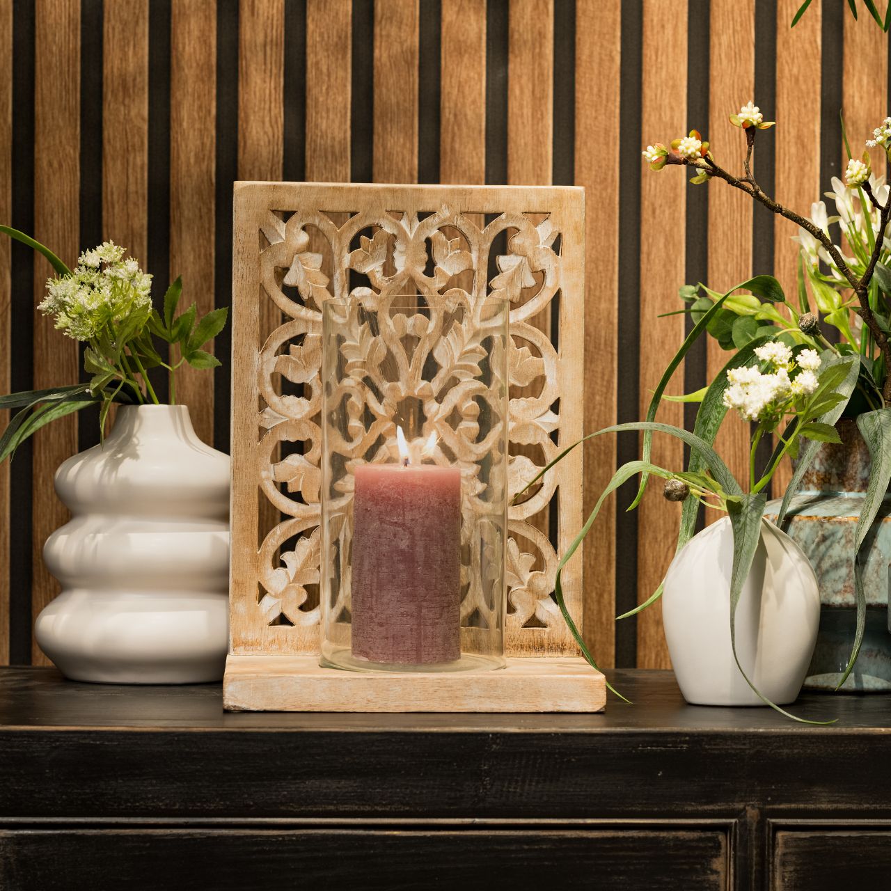 Windlicht Blumen Dekor, aus Mangoholz, Glas Natur (B/H/T) 24x35x17cm