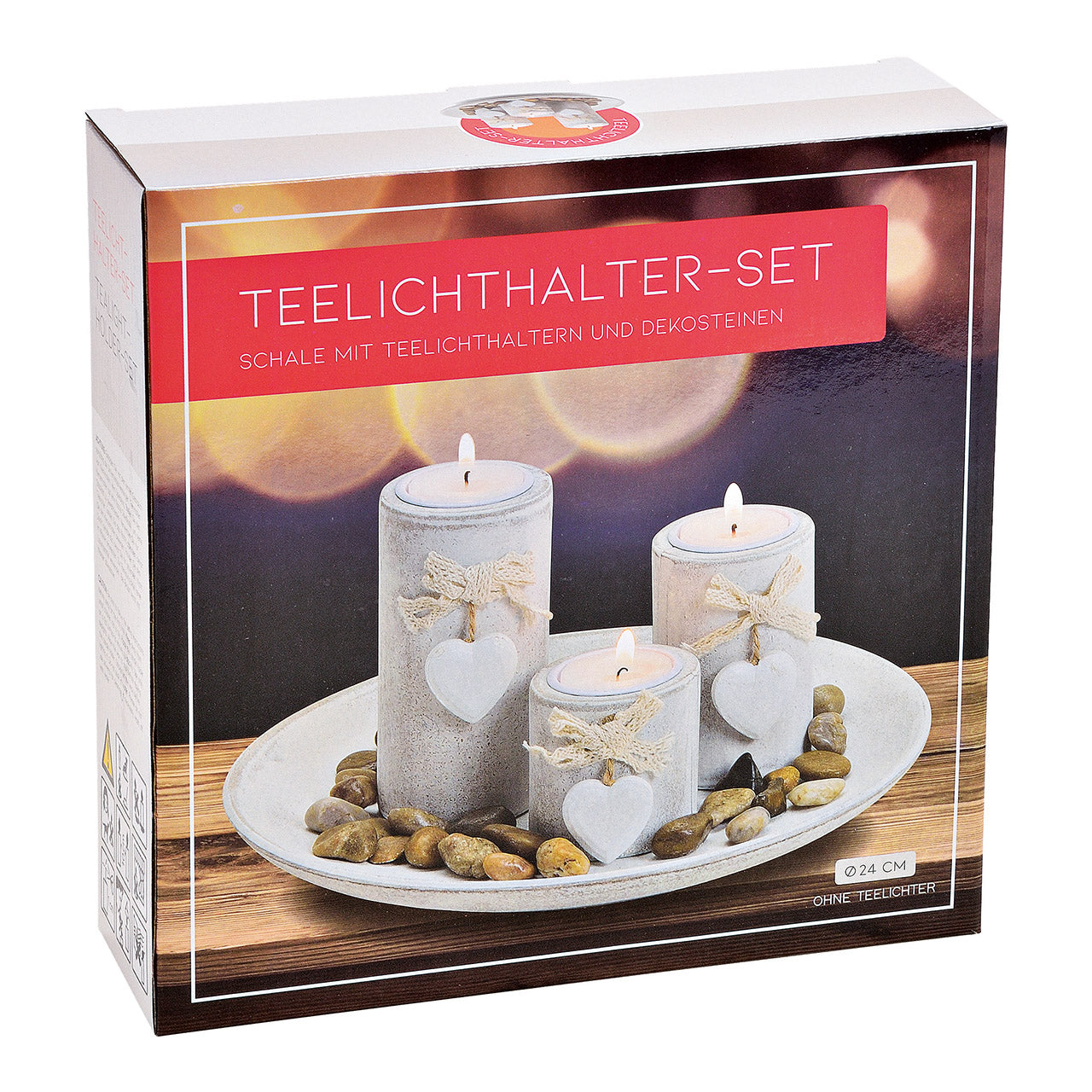 Teelichthalter 3er Set mit Dekosteine Herz Anhänger aus Holz Weiß (B/H/T) 24x12x24cm