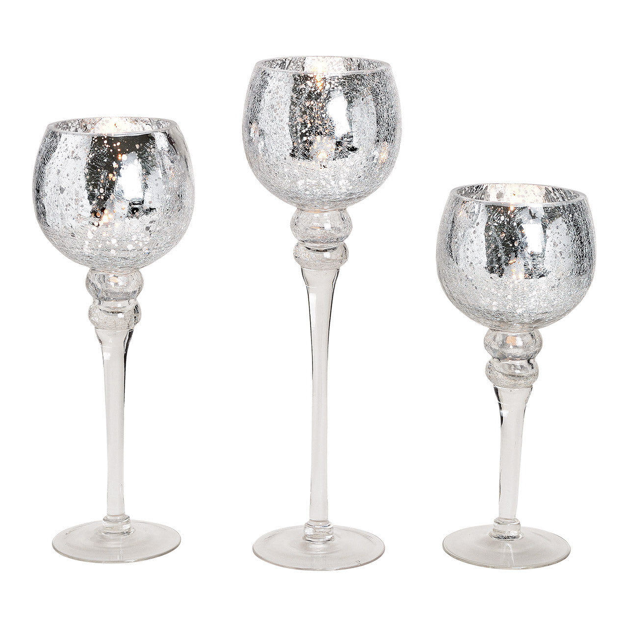 Windlicht-Set Kelch Cracking Silber 30, 35, 40cm x Ø13cm aus Glas 3er Set.