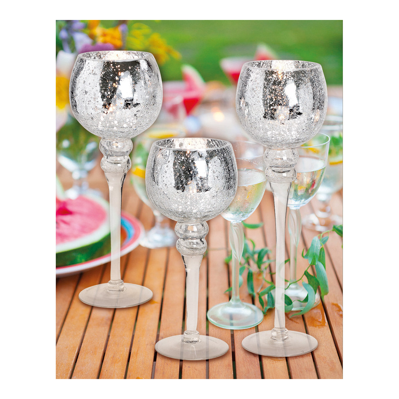 Windlicht-Set Kelch Cracking Silber 30, 35, 40cm x Ø13cm aus Glas 3er Set.