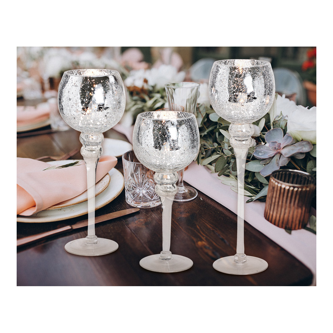 Windlicht-Set Kelch Cracking Silber 30, 35, 40cm x Ø13cm aus Glas 3er Set.
