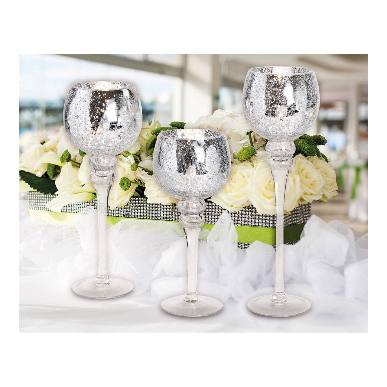 Windlicht-Set Kelch Cracking Silber 30, 35, 40cm x Ø13cm aus Glas 3er Set.