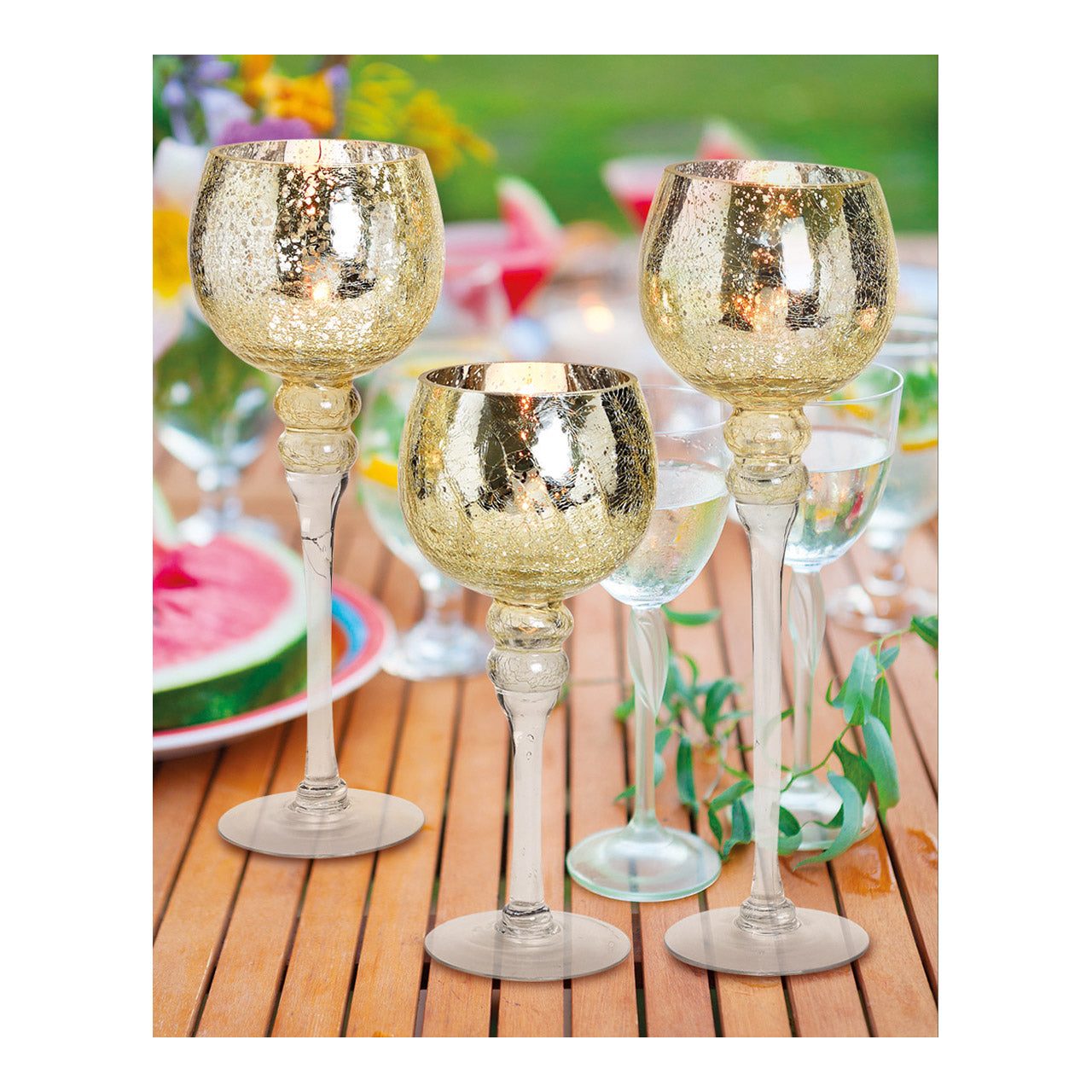 Windlicht Set Kelch Cracking Gold 30, 35, 40cm x Ø13cm aus Glas 3er Set