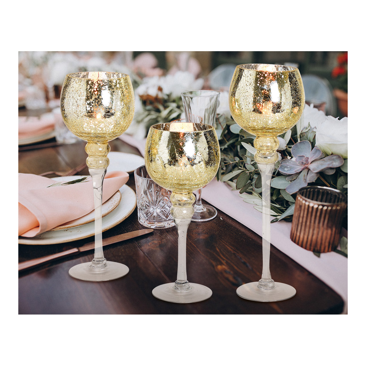 Windlicht Set Kelch Cracking Gold 30, 35, 40cm x Ø13cm aus Glas 3er Set