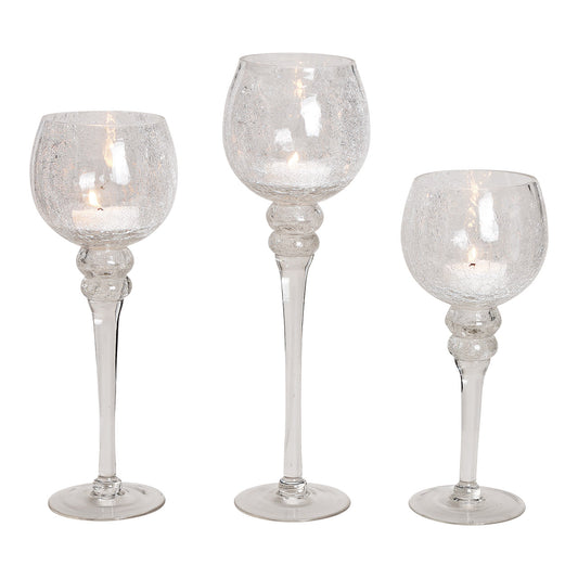 Windlicht Set Kelch Cracking klar 30, 35, 40cm x Ø13cm aus Glas 3er Set