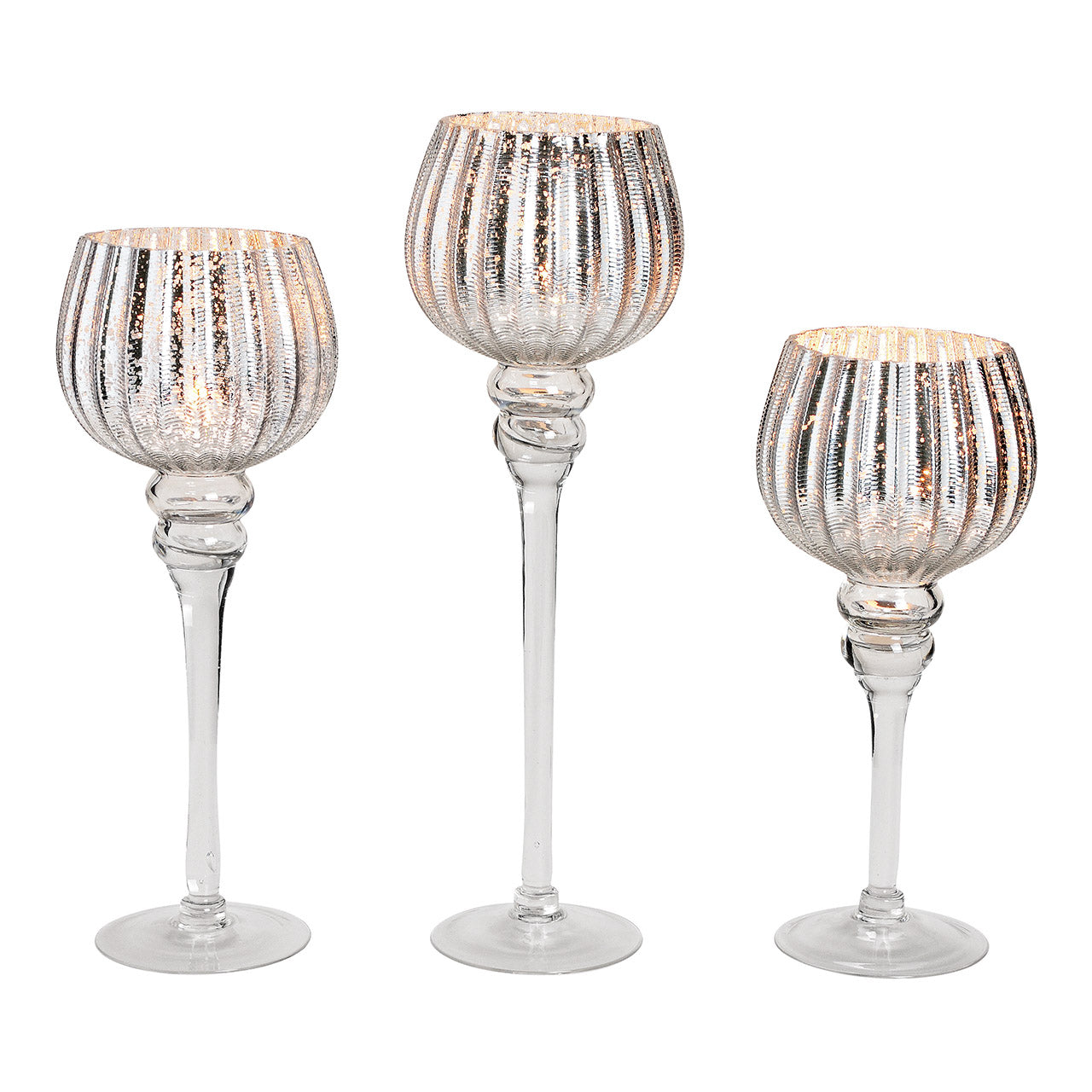 Windlicht Set Kelch geriffelt, 30, 35, 40 cm x Ø13cm aus Glas Silber 3er Set