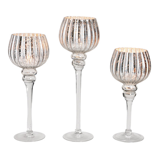 Windlicht Set Kelch geriffelt, 30, 35, 40 cm x Ø13cm aus Glas Silber 3er Set