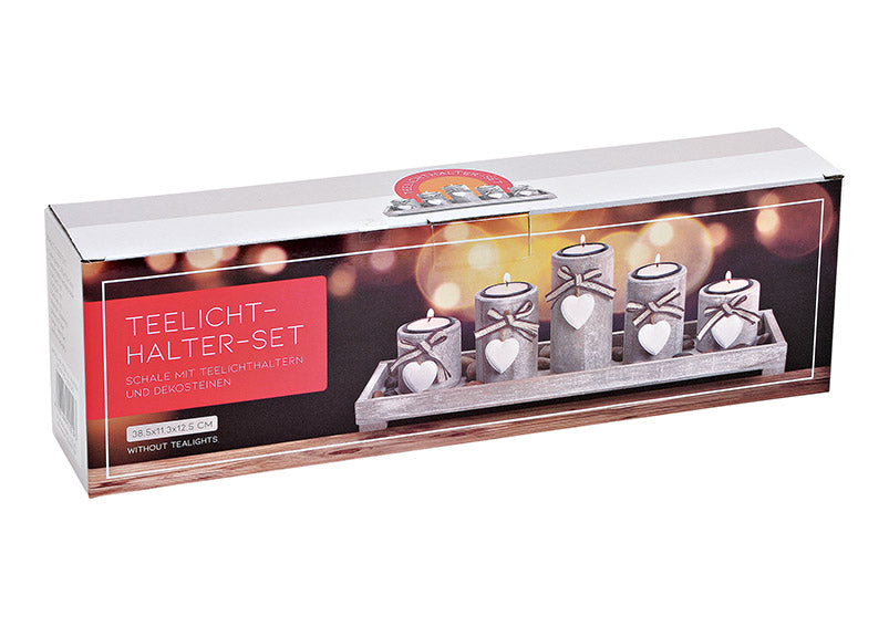 Tealight holder set of 5 on tray with wooden stones White (W/H/D) 38x12x11cm