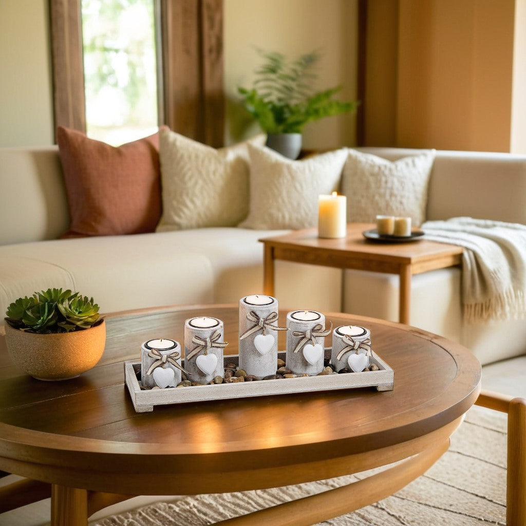 Tealight holder set of 5 on tray with wooden stones White (W/H/D) 38x12x11cm