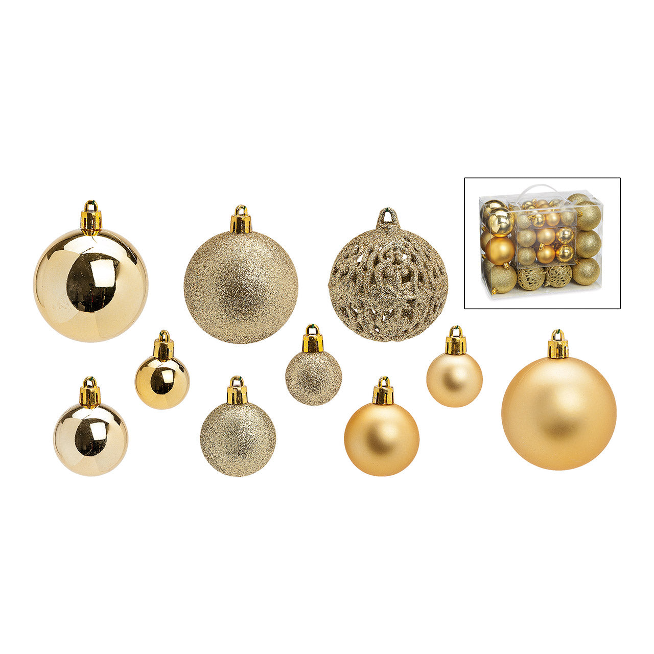 Weihnachtskugeln aus Kunststoff, 50er-Set, Gold Ø3/4/6cm (B/H/T) 23x18x12cm