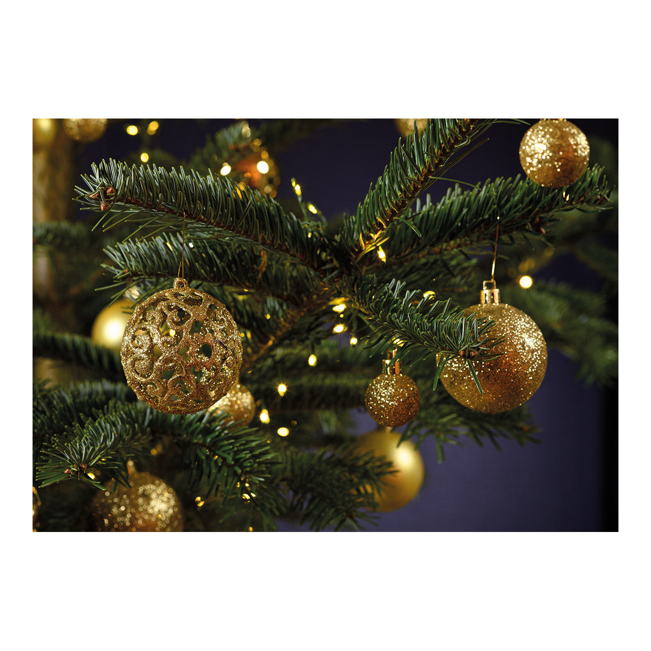 Weihnachtskugeln aus Kunststoff, 50er-Set, Gold Ø3/4/6cm (B/H/T) 23x18x12cm