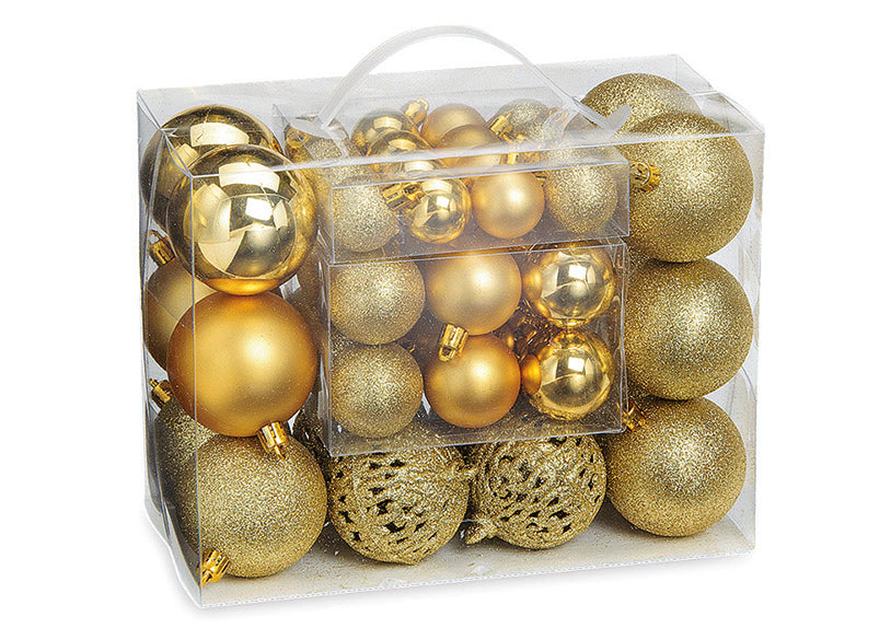Weihnachtskugeln aus Kunststoff, 50er-Set, Gold Ø3/4/6cm (B/H/T) 23x18x12cm
