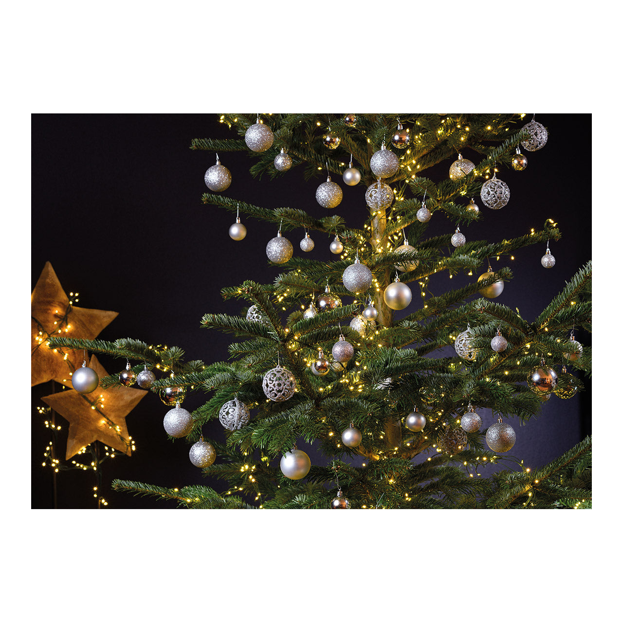 Weihnachtskugeln aus Kunststoff, 100er-Set, Silber Ø3/4/6cm (B/H/T) 23x35x12cm