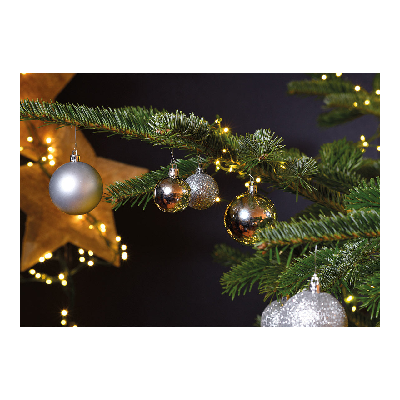 Weihnachtskugeln aus Kunststoff, 100er-Set, Silber Ø3/4/6cm (B/H/T) 23x35x12cm