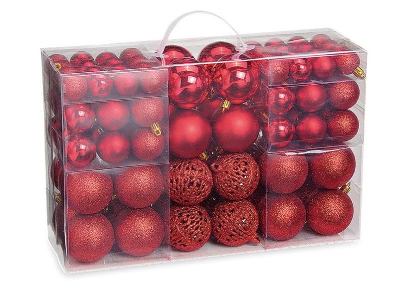 Weihnachtskugeln aus Kunststoff, 100er-Set, Rot Ø3/4/6cm (B/H/T) 23x35x12cm