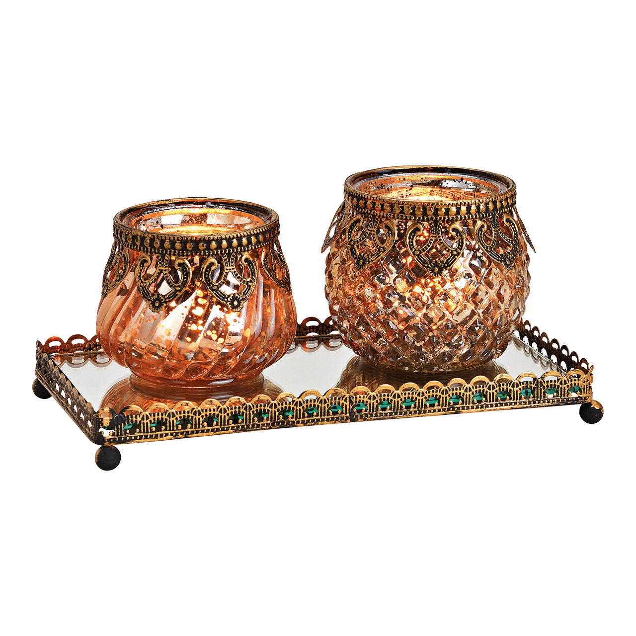 Windlichter Set auf Spiegeltablett mit Metallrand Champagner 3er Set, (B/H/T) 20x9x10cm