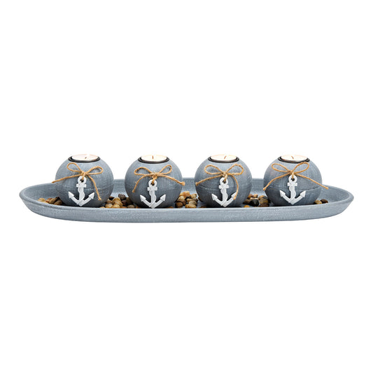 Tealight holder set of 4 on tray with stones HOME made of MDF Grey (W/H/D) 50x10x18cm