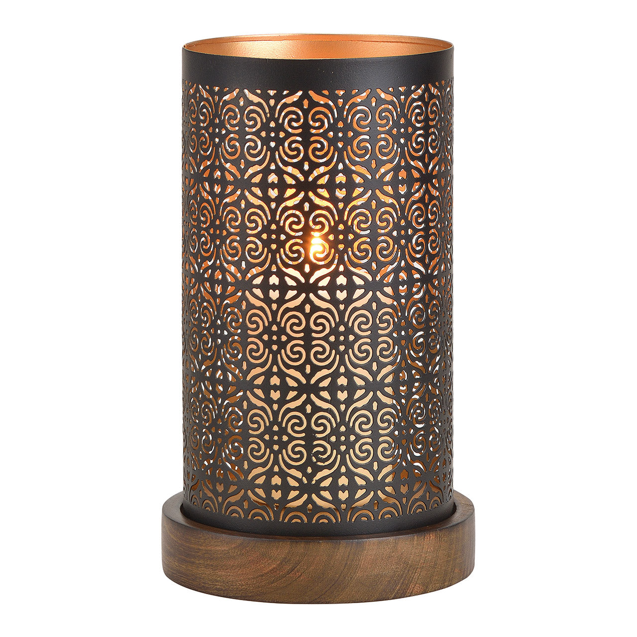 Windlicht auf Holzsockel aus Metall Schwarz/Braun/Gold (B/H/T) 13x22x13cm
