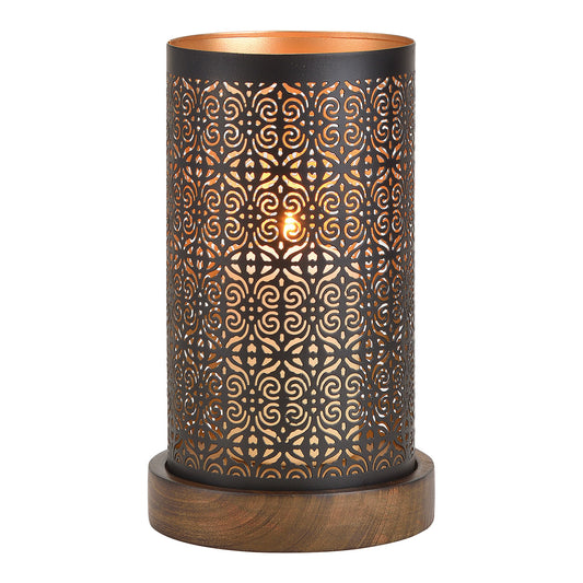 Windlicht auf Holzsockel aus Metall Schwarz/Braun/Gold (B/H/T) 13x22x13cm